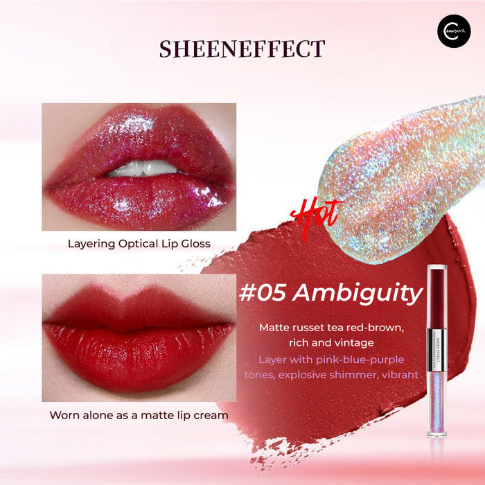 SheenEffect #05 Ambiguity dual-ended lip glaze with matte and shimmery red-brown lip swatches