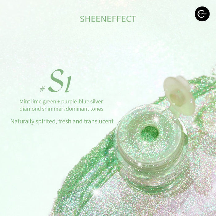 SheenEffect S1 iridescent glitter powder eyeshadow in an open pot