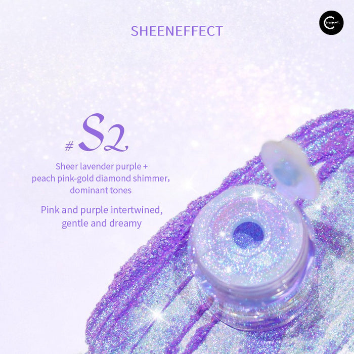 SheenEffect iridescent glitter eyeshadow powder in an open pot with purple and pink shimmer