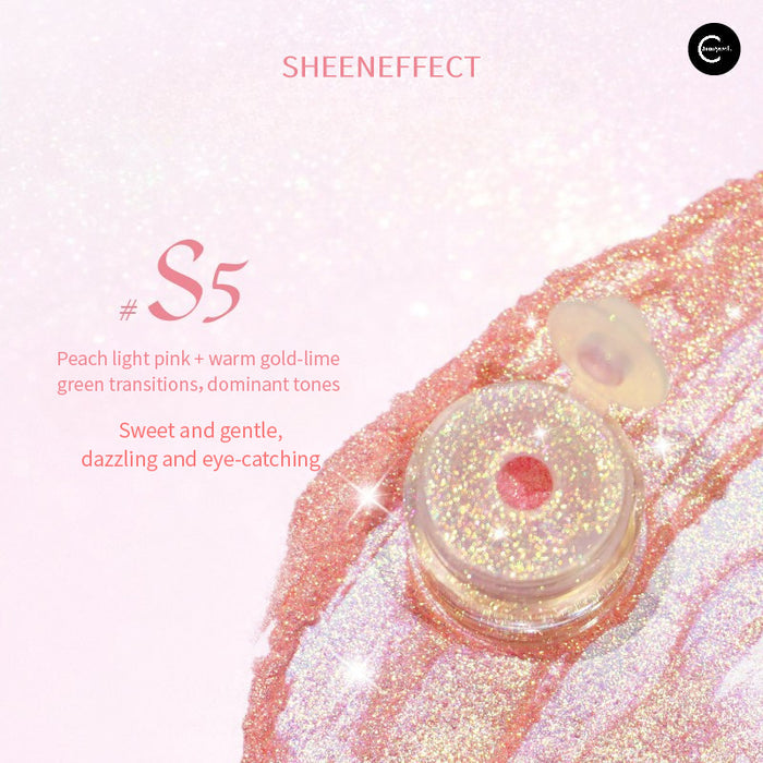SheenEffect S5 iridescent glitter powder eyeshadow in a round jar, shown in close-up