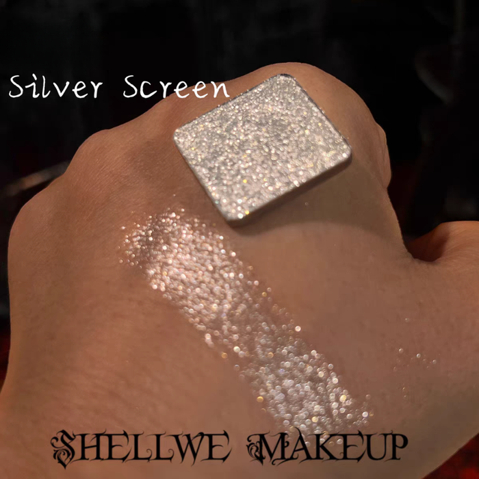 Shellwe Makeup Silver Screen single eyeshadow pan and swatch on hand