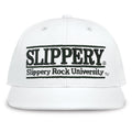 Slippery Rock Retro Bar snapback hat in white, front view