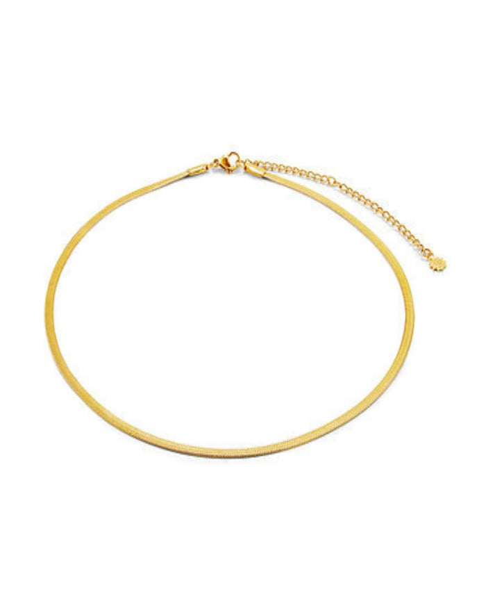 gold snake chain necklace on white background