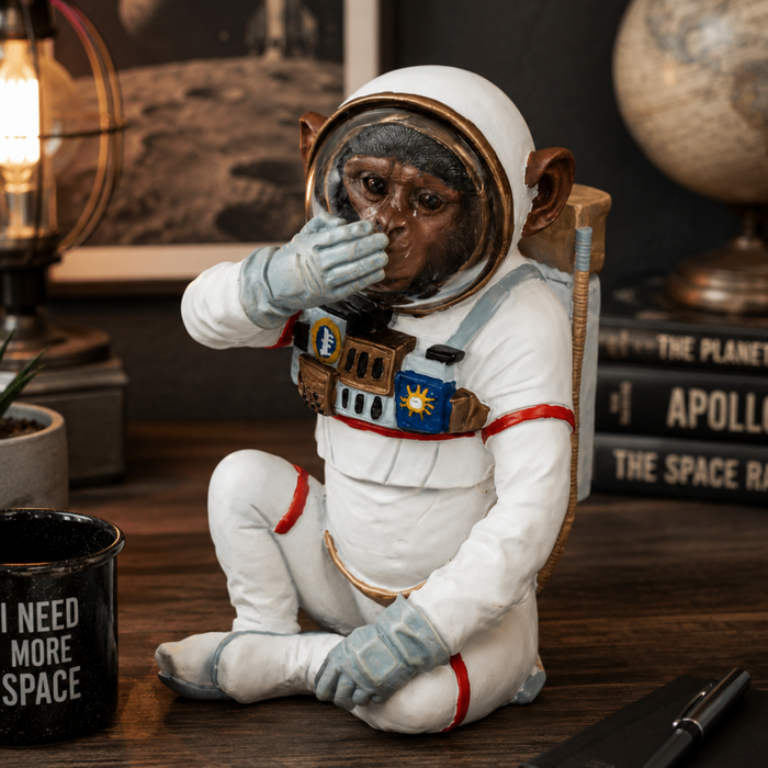 Astronaut chimpanzee ornament displayed in a retro space themed lifestyle setting