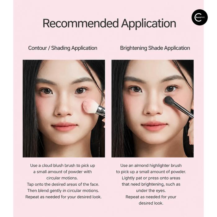 Two portraits demonstrating contour and brightening powder application with makeup brushes.