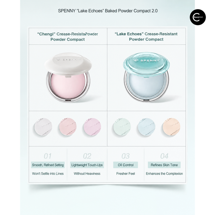 SPENNY Chengqi and Lake Echoes baked powder compacts with color options 01 through 04