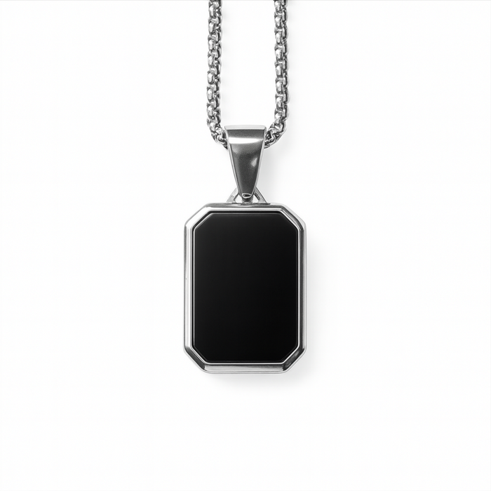 Stainless steel pendant with black agate stone inlay on 20 inch box chain white background