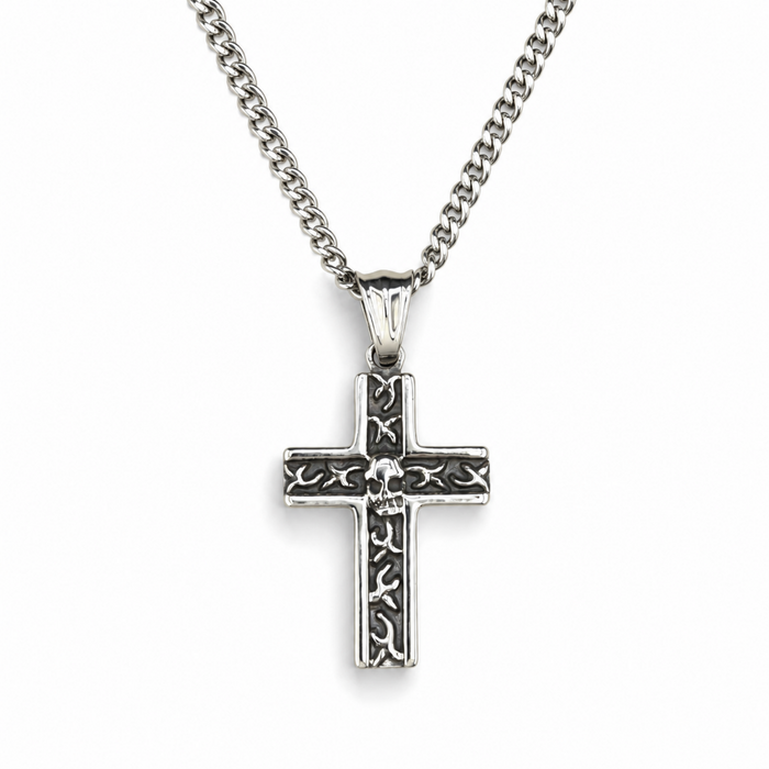 Stainless steel skull cross pendant with engraved detailing on a 20 inch curb chain