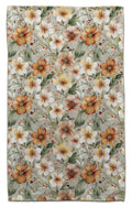 Floral patterned eco-friendly towel with orange and beige flowers on a green background