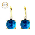 Swiss Blue Topaz Gold Dangle Earrings 1.5”