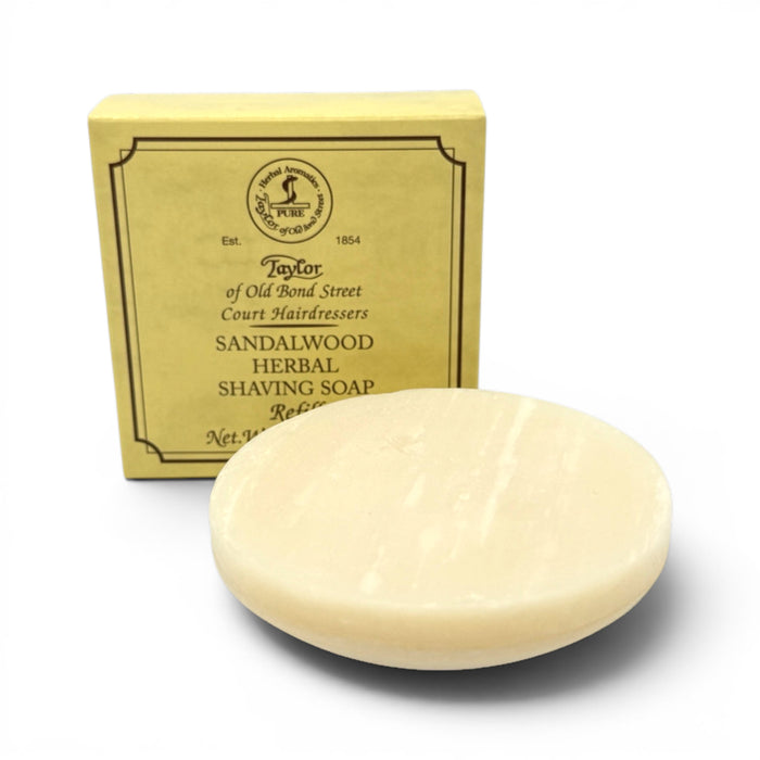 Taylor of Old Bond Street Sandalwood Herbal Shaving Soap refill puck with presentation box on white background