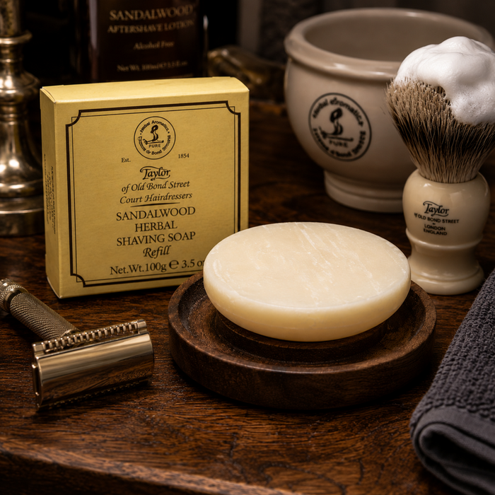 Taylor of Old Bond Street Sandalwood Herbal Shaving Soap Refill displayed with shaving brush, bowl and traditional wet shaving accessories