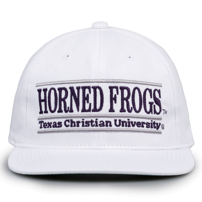 TCU Retro Bar snapback hat in white, front view