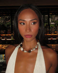 chunky bead necklace styled with halter top