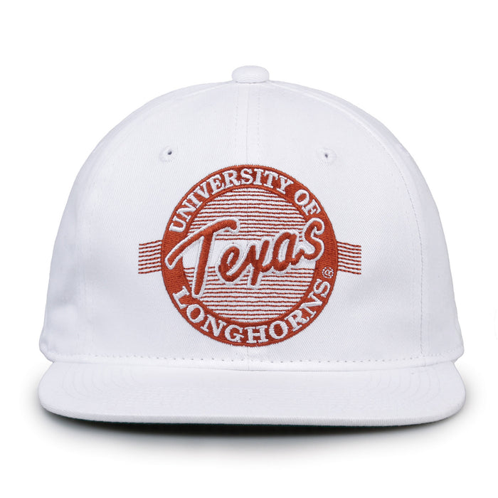 Texas Retro Circle snapback hat in white, front view