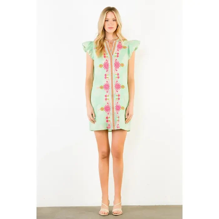 Th Flutter Sleeve Embroidery Detail Dress