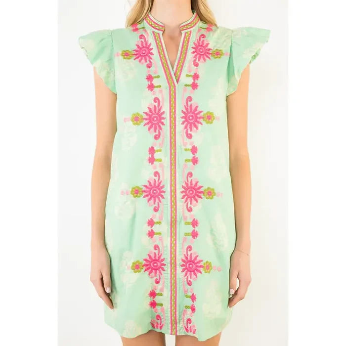 Th Flutter Sleeve Embroidery Detail Dress