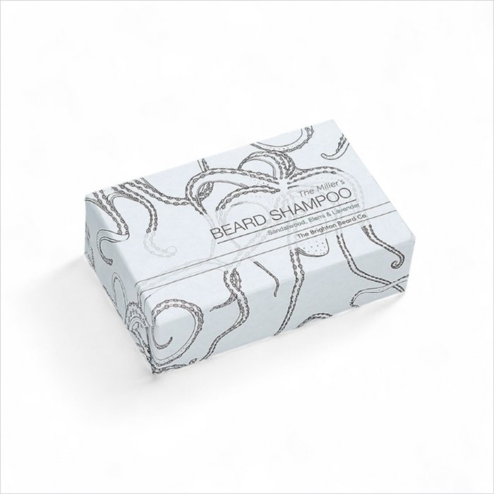 The Brighton Beard Co. The Miller’s Beard Shampoo Bar 100g in octopus print wrapper on white background