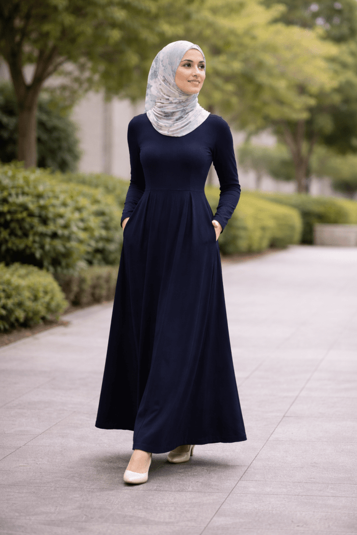 The Essential Ponte Pleated Maxi – Navy | Discreet Side Pockets - Divinity Collection