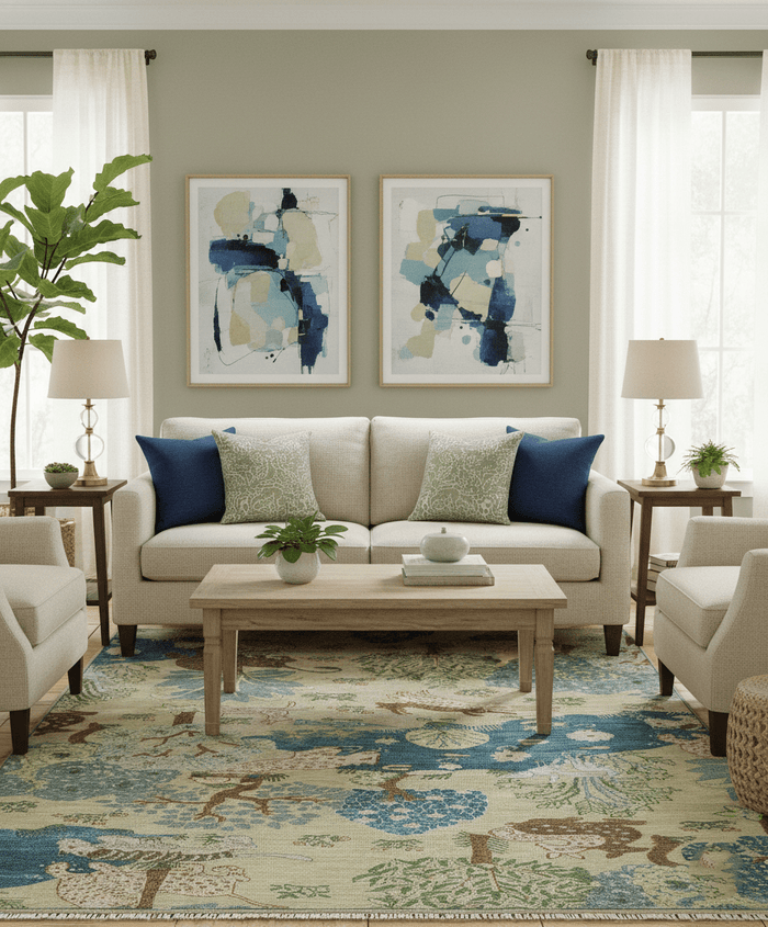 The Jungle Pond Custom Made Blue And Beige Hand Knotted Wool Area Rug - The Rug Decor