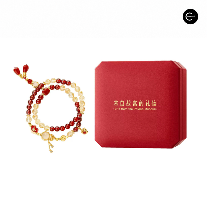 The Palace Museum Five Blessings beaded bracelet with red and gold beads and red gift box