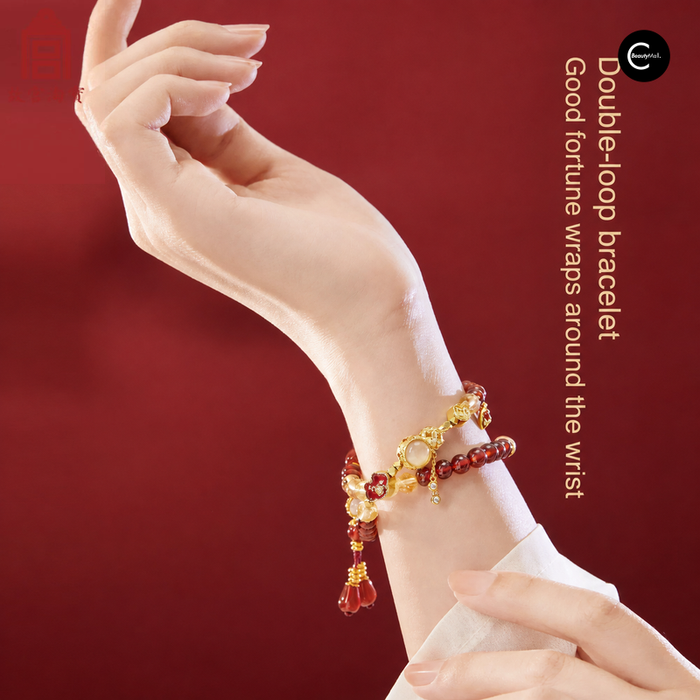 The Palace Museum Five Blessings Style beaded bracelet worn as a double-loop bracelet around the wrist