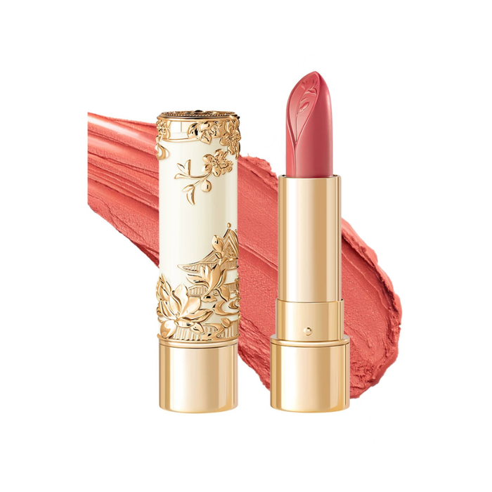The Palace Museum Flora lipstick in ornate gold case, shown open with coral pink swatch