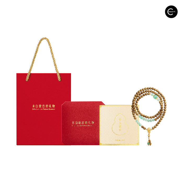 The Palace Museum beaded bracelet with brown and green beads, gold-tone accents, and red gift packaging