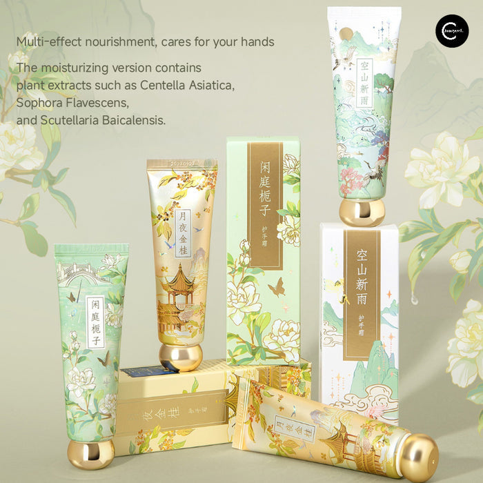 The Palace Museum hand cream tubes and boxes with green floral and gold illustrated packaging