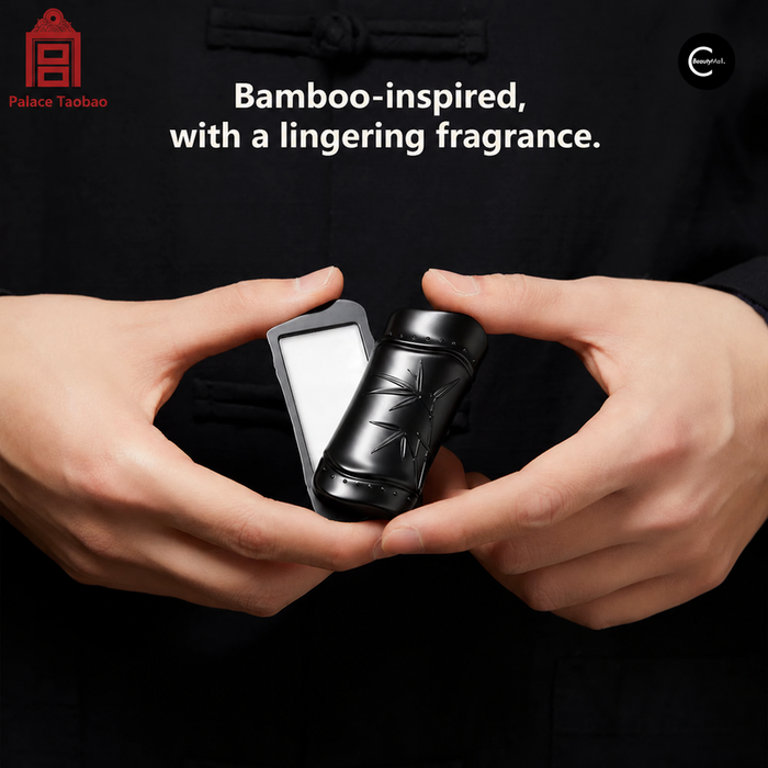 Palace Taobao black beauty compact with white interior held between hands