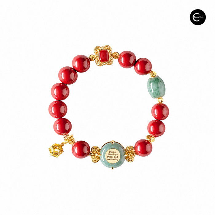 Red beaded bracelet with green jade beads and gold-tone charms, front view