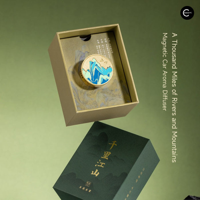 The Palace Museum Thousand Li of Rivers and Mountains magnetic car fragrance diffuser in open box