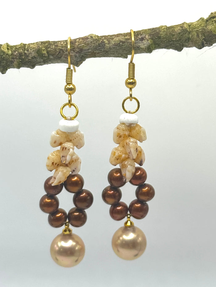 TIGER’S EYE, CHOCOLATE PEARL + NIIHAU DANGLE EARRINGS