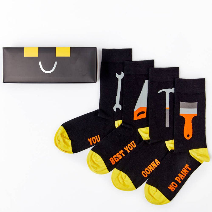 men’s toolbox socks gift set with four pairs in tool themed designs