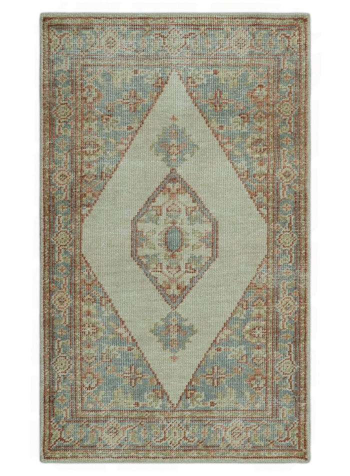 Traditional Heriz Design Beige And Blue Hand Knotted 3x5 Wool Area Rug - The Rug Decor