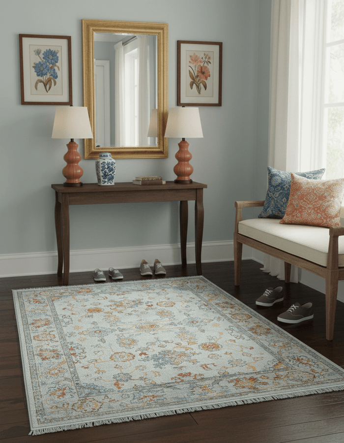Traditional Oriental Design Silver And Rust Machine Woven 4x5.7 Polyester Area Rug - The Rug Decor