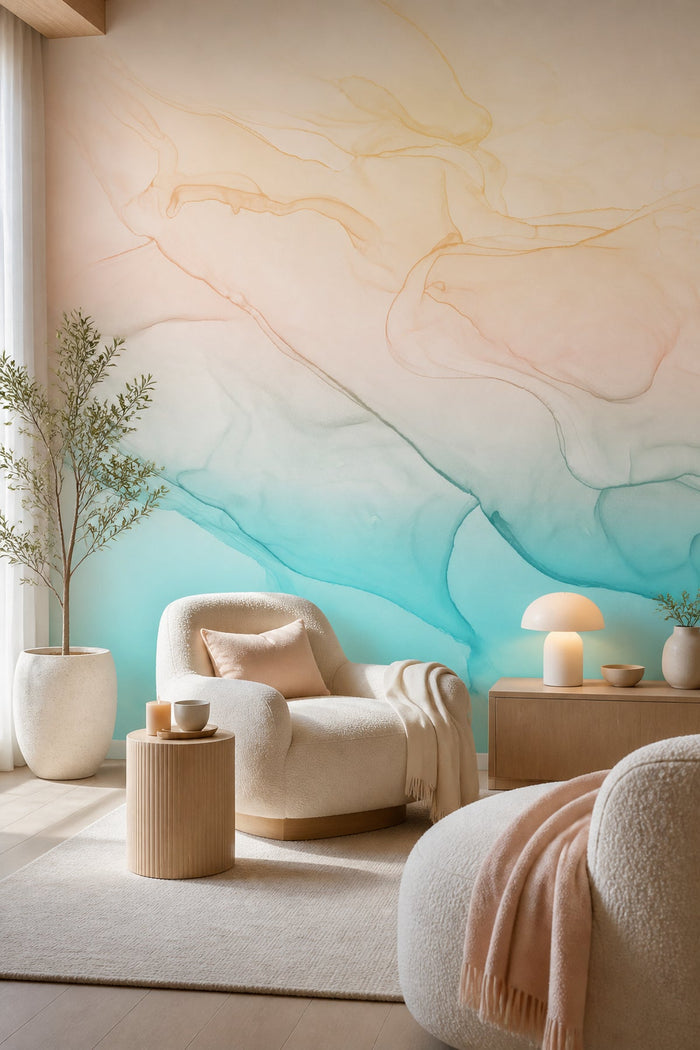 Tropical Ocean Ink Utopia wall mural in a living room
