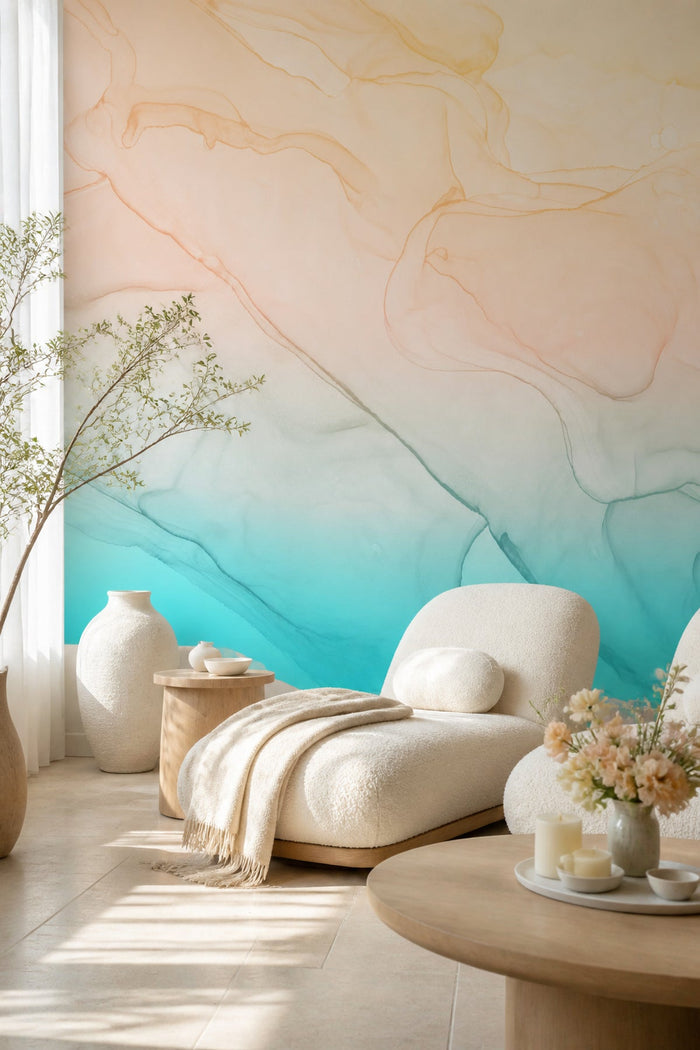 Tropical Ocean Ink Utopia wall mural in a lounge setting