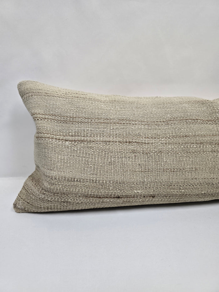 Turkish Lumbar Rug Pillow Beige Brown Cushion Cover Hemp Pillow 14" x 40" #9476