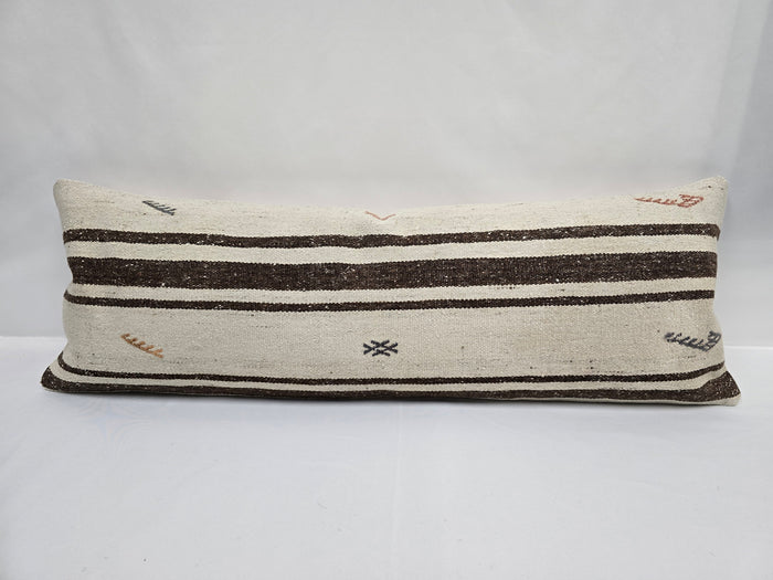 Turkish Lumbar Rug Pillow Brown Cream Blue Cushion Cover Hemp Pillow 14" x 40" #9477