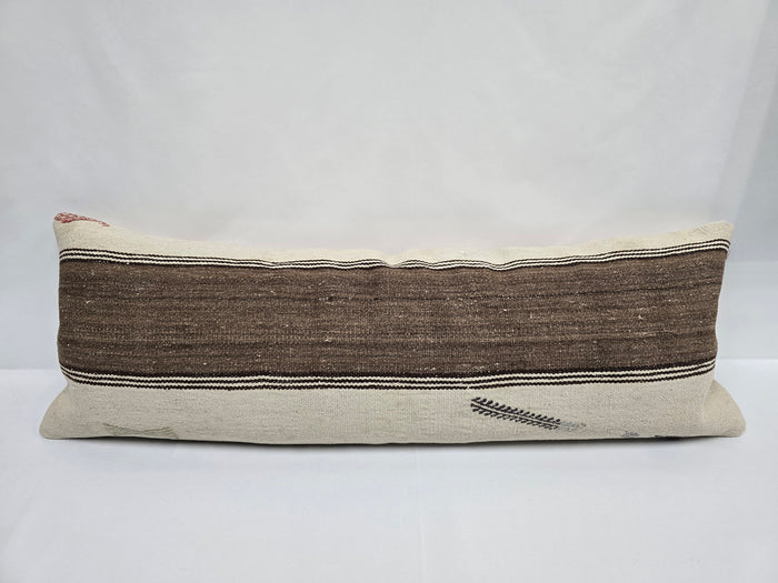 Turkish Lumbar Rug Pillow Cream Black Brown Cushion Cover Hemp Pillow 14" x 40" #9475