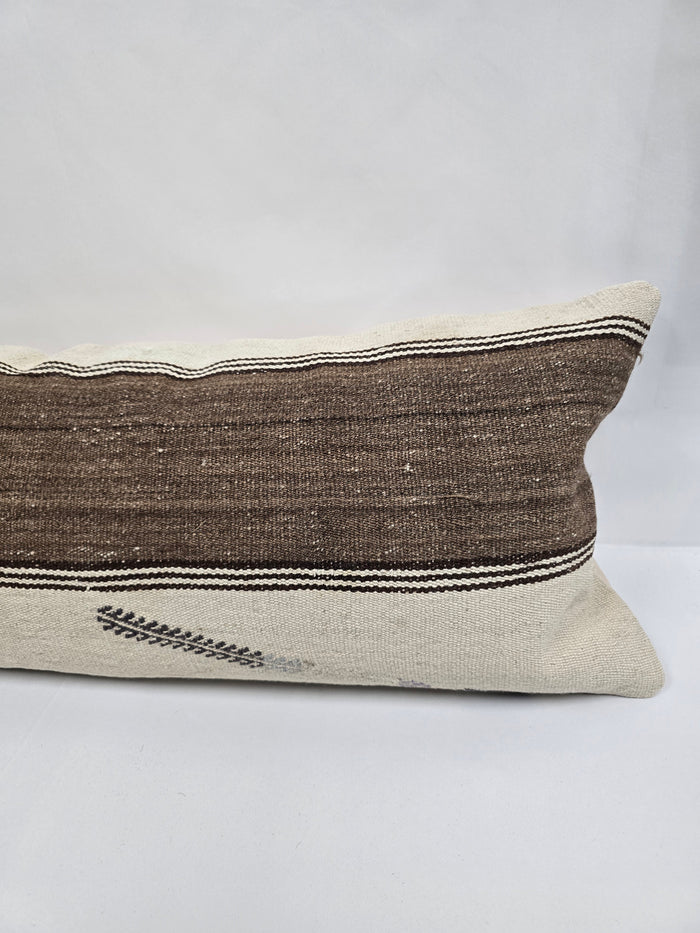 Turkish Lumbar Rug Pillow Cream Black Brown Cushion Cover Hemp Pillow 14" x 40" #9475