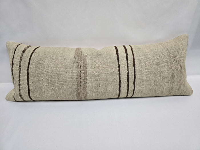 Turkish Lumbar Rug Pillow Cream Brown Cushion Cover Hemp Pillow 14" x 40" #9471
