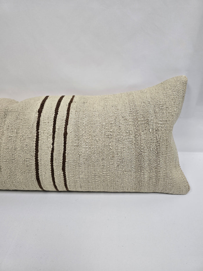 Turkish Lumbar Rug Pillow Cream Brown Cushion Cover Hemp Pillow 14" x 40" #9471