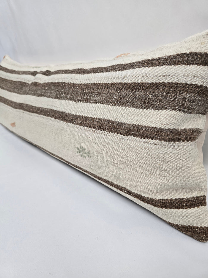Turkish Lumbar Rug Pillow Cream Brown Orange Cushion Cover Hemp Pillow 14" x 40" #9468