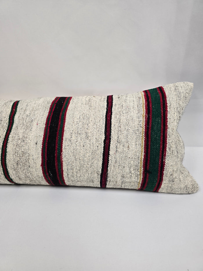 Turkish Lumbar Rug Pillow Cream Burgundy Black Cushion Cover Hemp Pillow 14" x 40" #9446