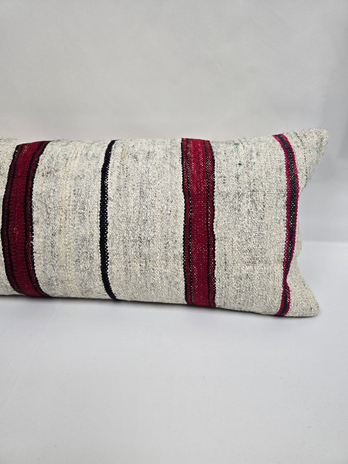 Turkish Lumbar Rug Pillow Cream Burgundy Green Cushion Cover Hemp Pillow 14" x 40" #9466