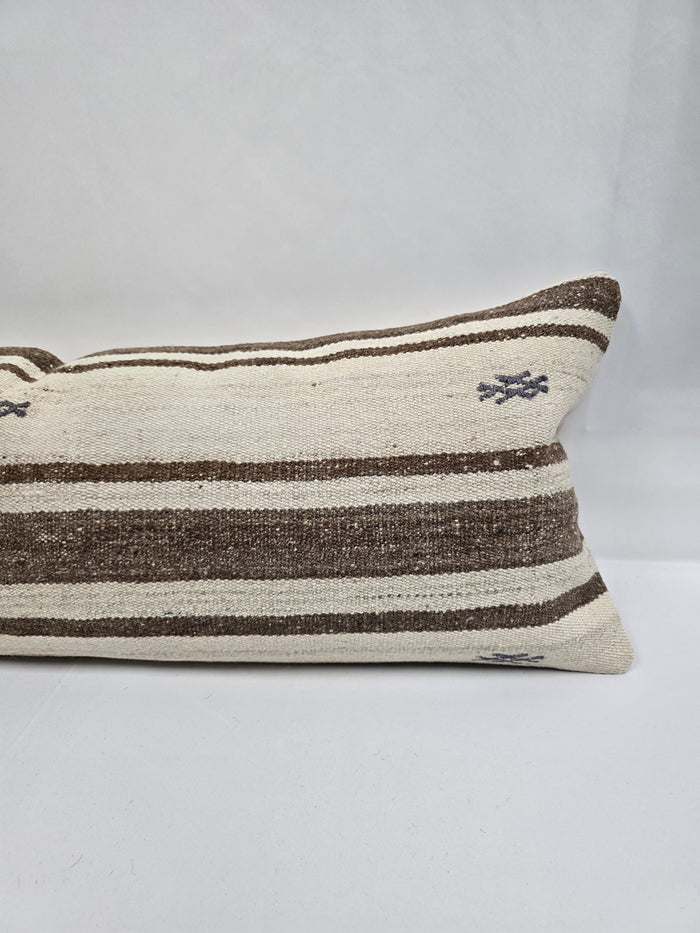 Turkish Lumbar Rug Pillow Cream Red Brown Cushion Cover Hemp Pillow 14" x 40" #9472