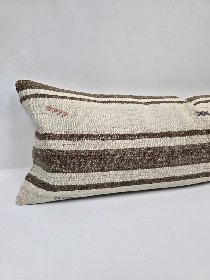 Turkish Lumbar Rug Pillow Cream Red Brown Cushion Cover Hemp Pillow 14" x 40" #9472