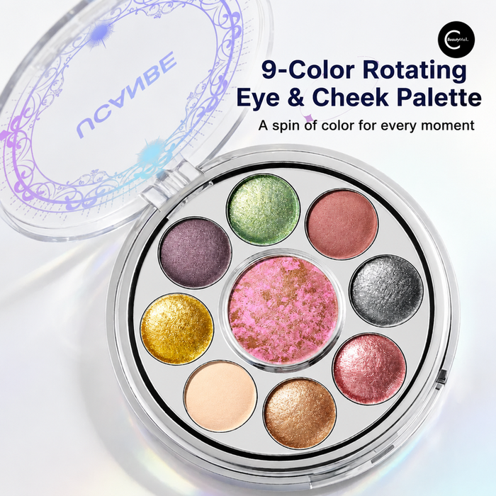 UCANBE 9-color eye and cheek palette in an open round compact